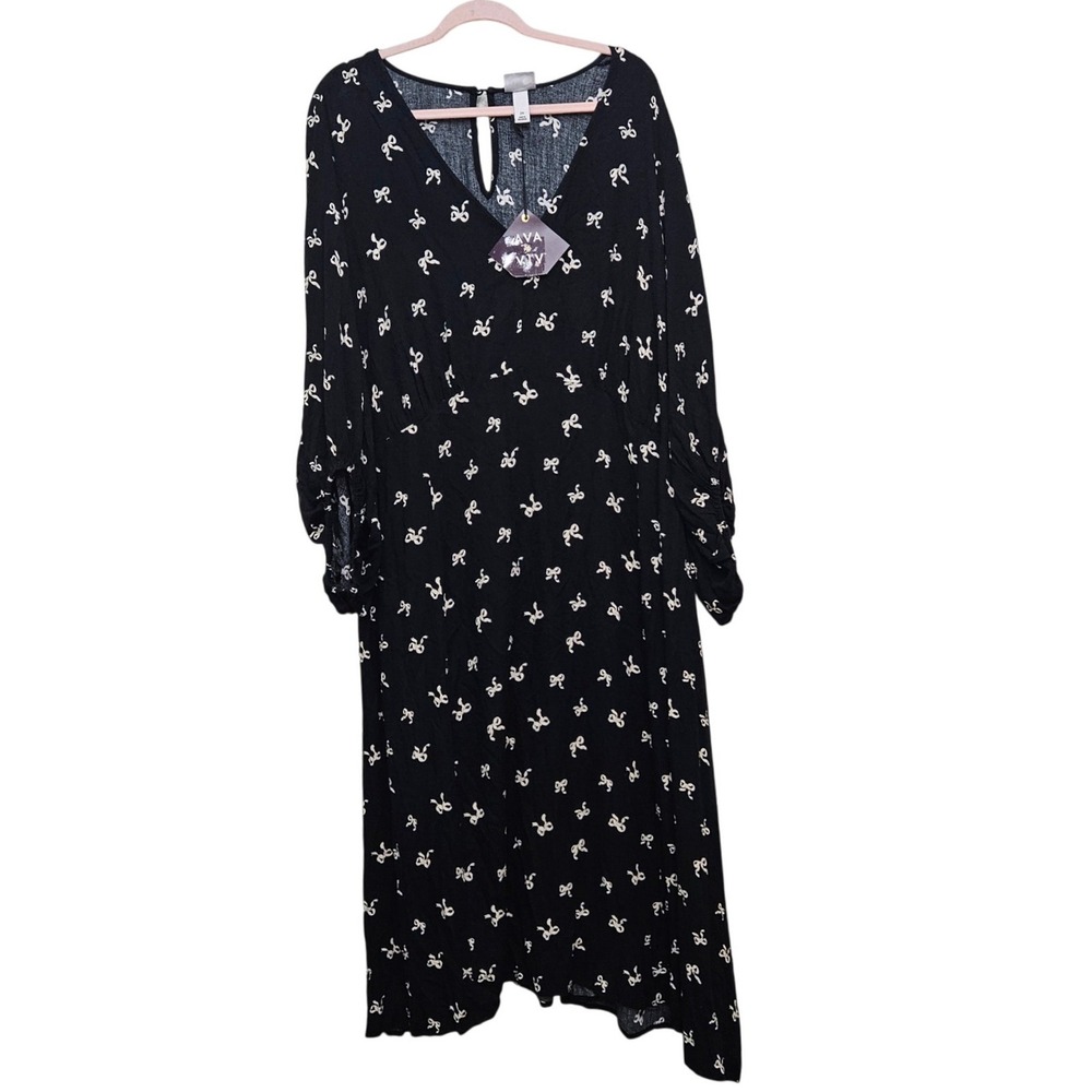 Ava & Viv Midi Dress Womens 2X Black Cream Bow Print Pockets Coquette Romantic
